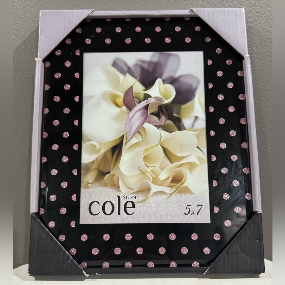 Cole Street 5x7 photo frame. Black with pink glitter dots. New in package.